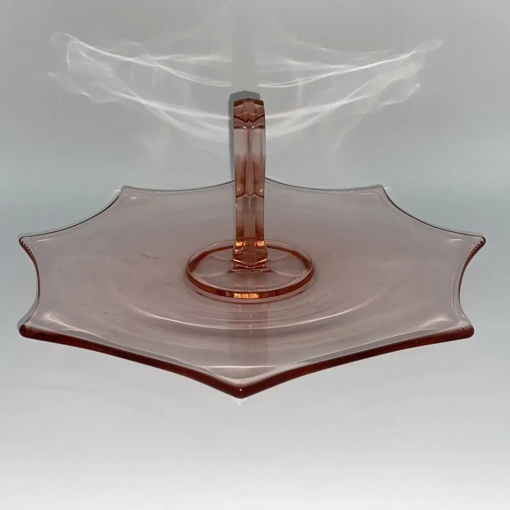 vtg Pink Glass Tidbit Tray Heart Handle Art Deco Serving Dish Plate love